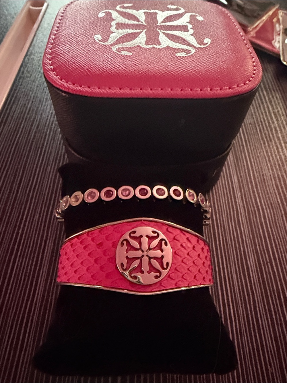 Rustic Cuff Pink Cuff Bracelet with Silver Emblem with Crystal Bracelet